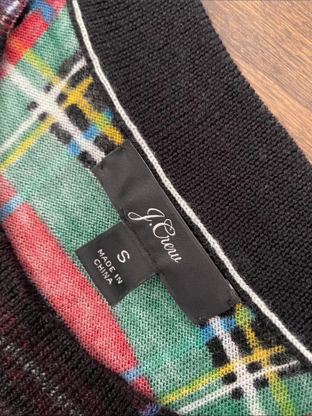 J. Crew Tartan Plaid Merino Wool Lightweight 3/4 Sleeve Sweater